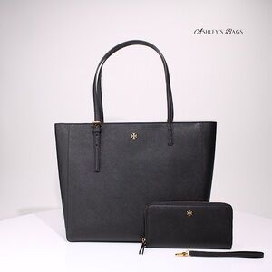 Tory Burch Large Leather Emerson Tote & Continental Wristlet Wallet In Black